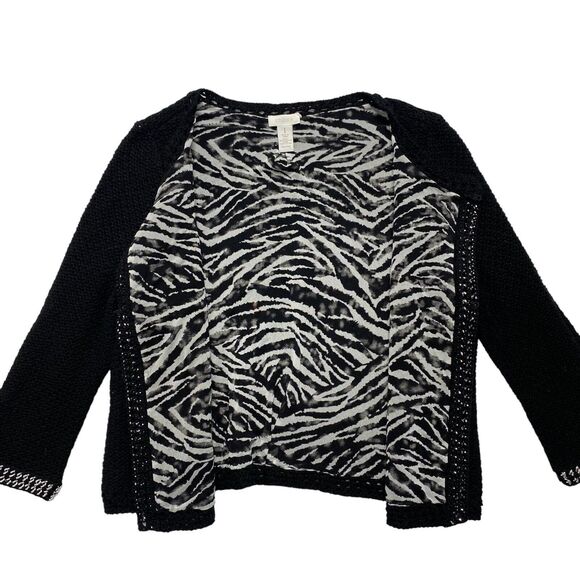 CHICOS Black Knit Silver Chain Detail Zebra Stripe Mesh Cardigan Medium (1) - Picture 5 of 11